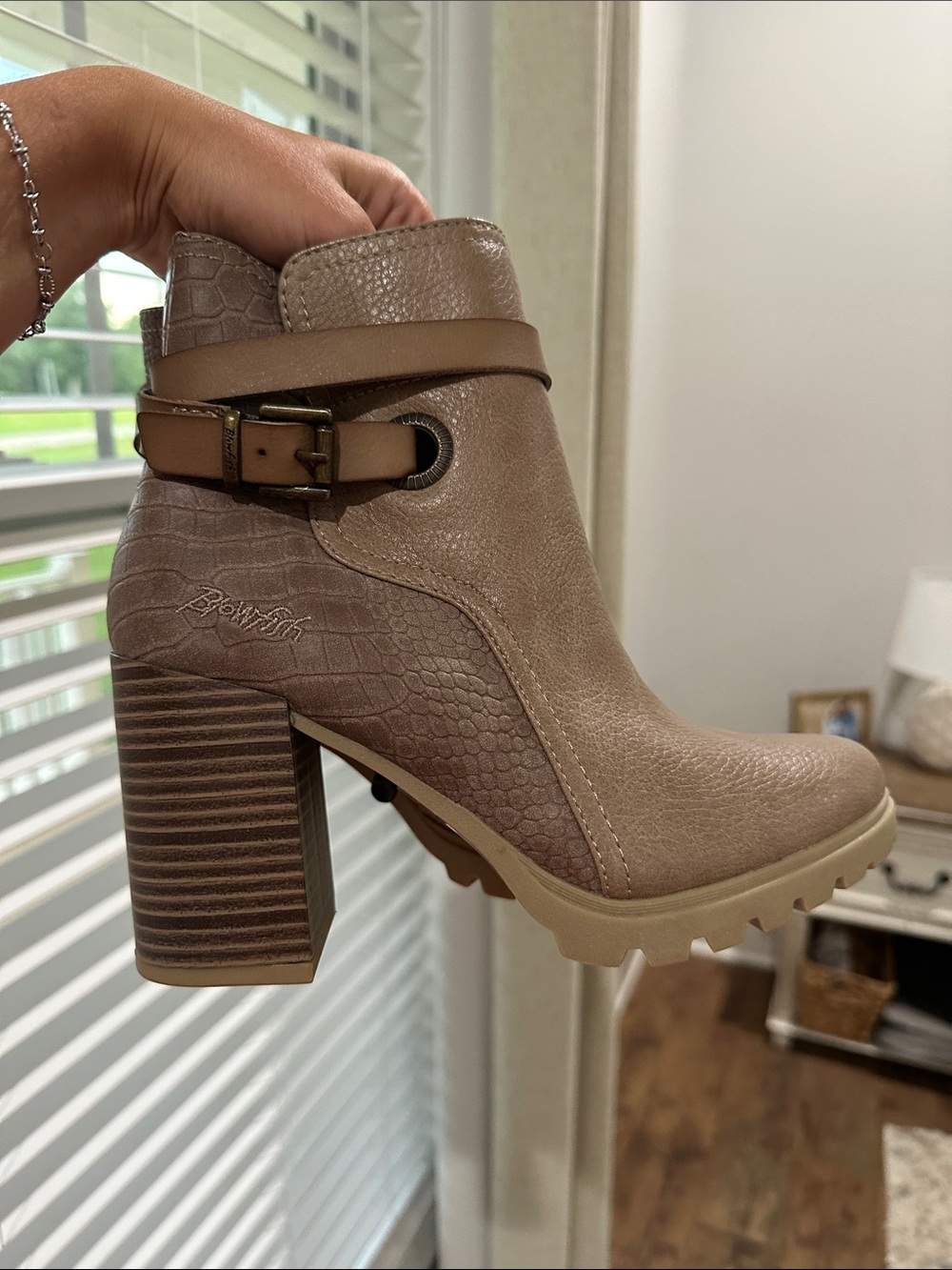 Blowfish Taupe Textured Buckle Block Heel Ankle Boot